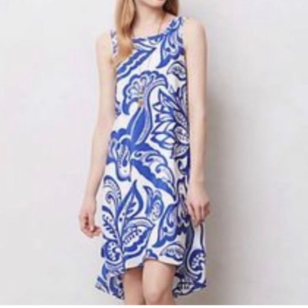 Anthropologie Leifsdottir Blue White Silk Bird Print High Low Hem Dress 6